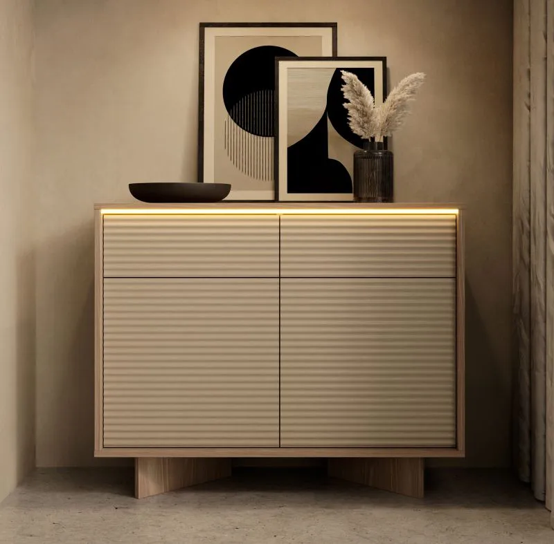 Kommode | Farbe: Bolivar Natur / Cappuccino | 2 Drehtüren | 4 Fächer | 2 Schubladen | Push-to-open Funktion | inkl. LED-Beleuchtung | 104 x 40 x 85 cm
