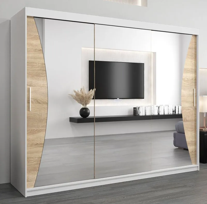 250 cm breiter Kleiderschrank mit 3 Türen | 10 Fächer | Farbe: Sonoma Eiche / Weiß Abbildung