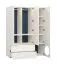 Moderner Kleiderschrank mit vier Schubladen Aenna 08, Farbe: Weiß / Indigo, drei Türen, zwei Kleiderstangen, Maße: 202,5 x 151 x 60 cm, Griffe: Weiß