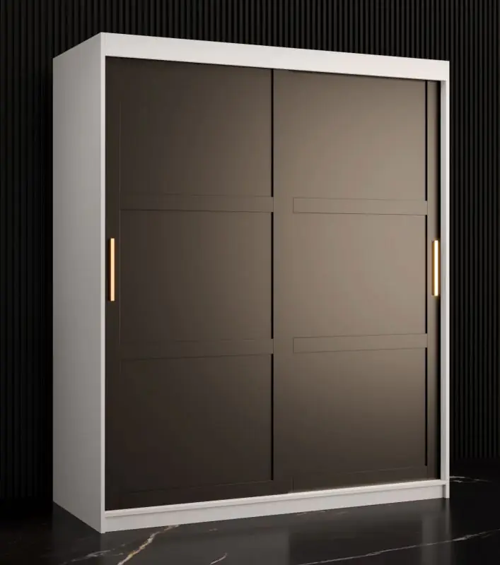 Moderner Kleiderschrank mit zwei Türen Liskamm 10, Farbe: Weiß matt / Schwarz matt - Abmessungen: 200 x 150 x 62 cm (H x B x T), mit fünf Fächern und zwei Kleiderstangen