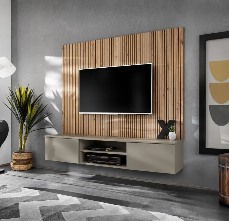 Wohnwand | Farbe: Clay Grau / Eiche Artisan | Push-to-open Funktion | 160 x 35 x 148 cm | 1 TV-Unterschrank | Modernes Design | 1 Wandpaneel