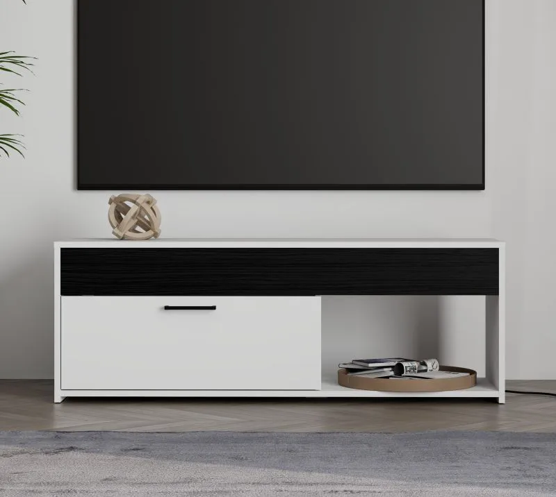 TV-Unterschrank / TV-Möbel | Farbe: Opak Weiß / Schwarze Eiche | 1 Kipptür | 2 Fächer | schlichtes und modernes Design | 122 x 33 x 44 cm | für Wohnzimmer
