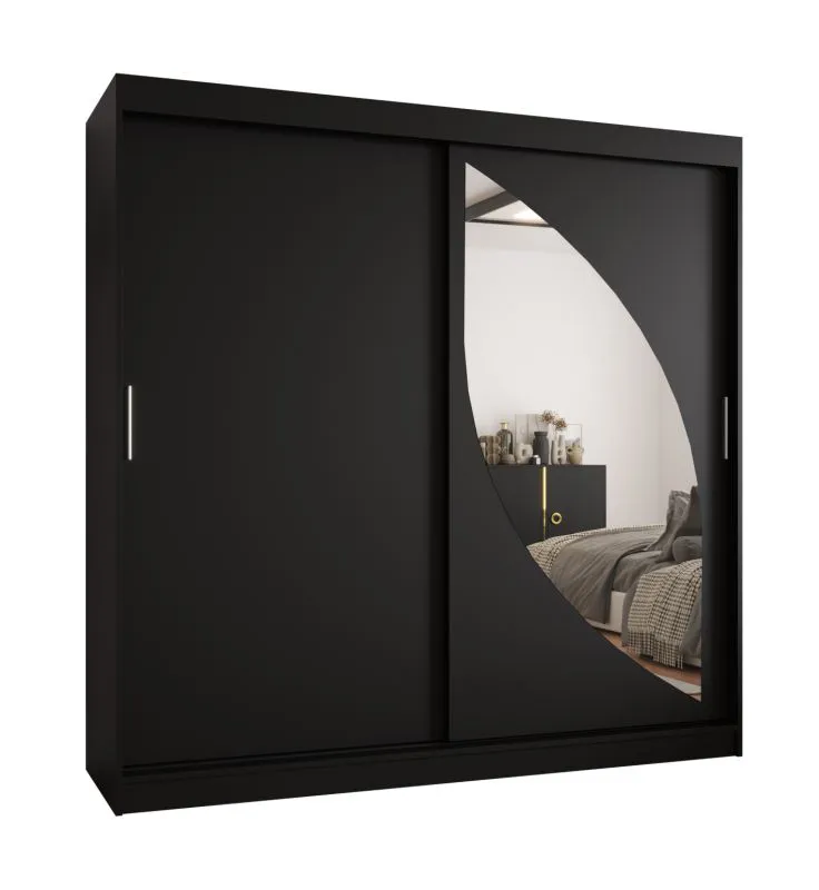 Schiebetürenschrank / Kleiderschrank Jorasses 19, Farbe: Schwarz, 2 Meter breit, fünf Fächer, eine Spiegeltür, zwei Kleiderstangen, Aluminiumschienen