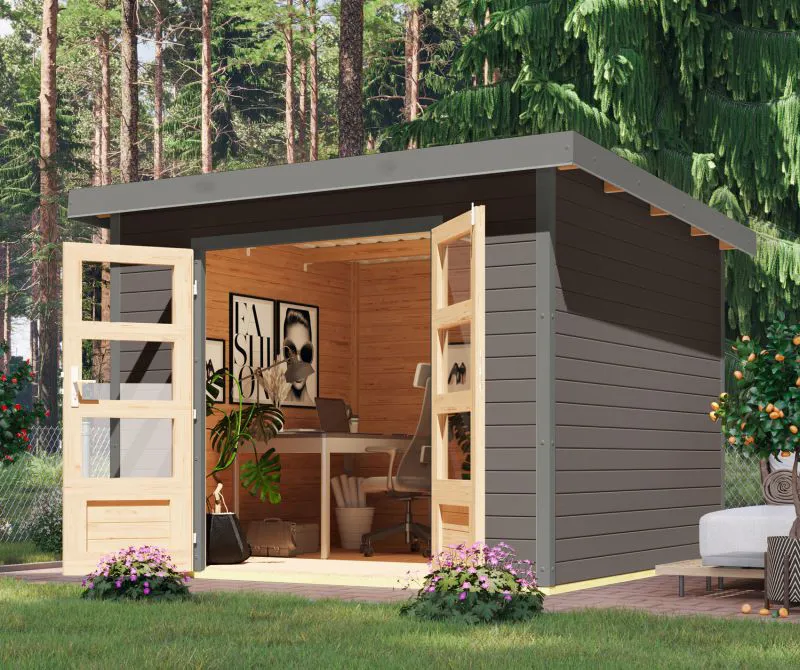 Holz Gartenhaus, nordische Fichte terragrau/graualuminium, wetterfestes Trapezblech-Pultdach, robuste Stahlecken, Zylinderschloss, 2,70 × 2,70 m
