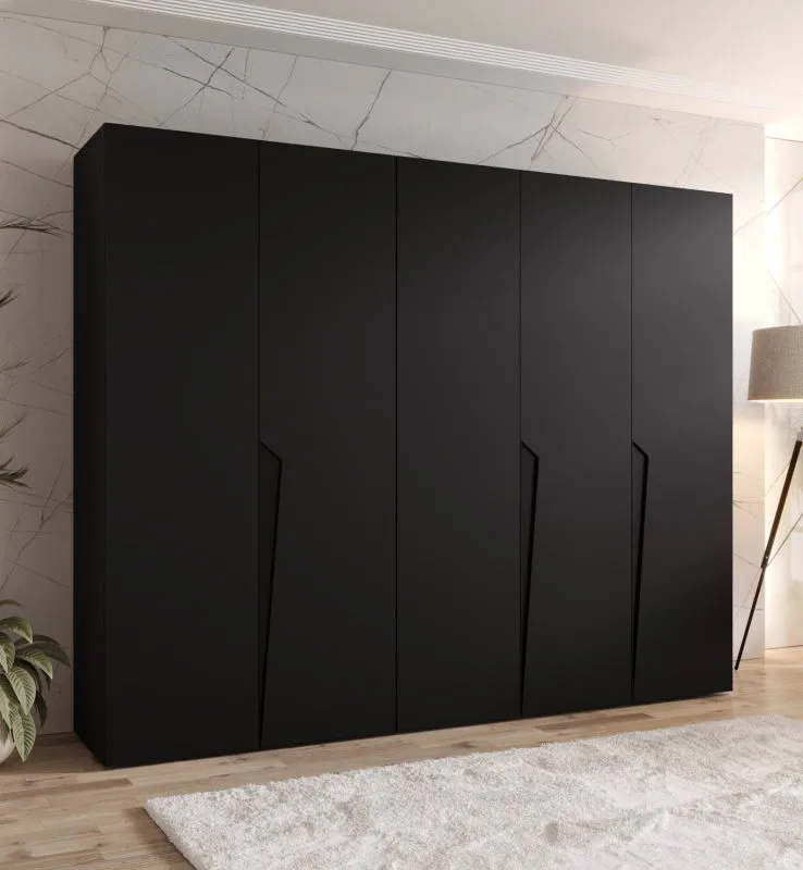 Kleiderschrank | Farbe: Schwarz | 5-Türig | 3 Fächer | Griffe: Schwarz | 3 Kleiderstangen| Soft-Close-Funktion | Maße: 250 x 52 x 202 cm | ABS-Kanten