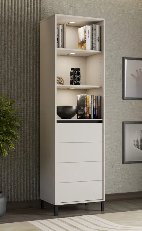 Regal / Bücherregal | Farbe: Kaschmir | eine Drehtür | schmal | fünf Fächer | 55 x 40 x 193 cm | schlichtes Design | für Wohnzimmer oder Kinderzimmer